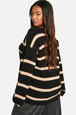 Oversized Jumpers|Jumpers*boohoo Plus Chunky Oversized Stripe V Neck Jumper black