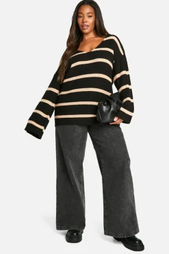 Oversized Jumpers|Jumpers*boohoo Plus Chunky Oversized Stripe V Neck Jumper black