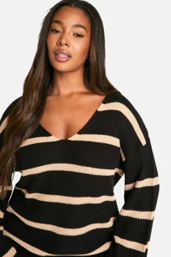 Oversized Jumpers|Jumpers*boohoo Plus Chunky Oversized Stripe V Neck Jumper black