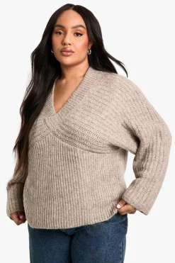 Jumpers*boohoo Plus Chunky Rib V Neck Wide Sleeve Jumper taupe