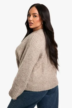 Jumpers*boohoo Plus Chunky Rib V Neck Wide Sleeve Jumper taupe