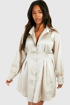 Shirt Dresses*boohoo Plus Cinched Waist Loose Satin Shirt Dress champagne