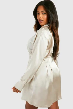 Shirt Dresses*boohoo Plus Cinched Waist Loose Satin Shirt Dress champagne