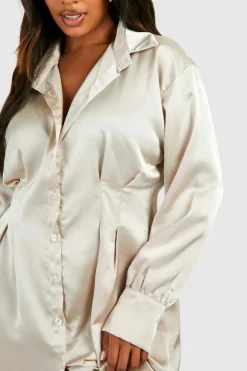 Shirt Dresses*boohoo Plus Cinched Waist Loose Satin Shirt Dress champagne