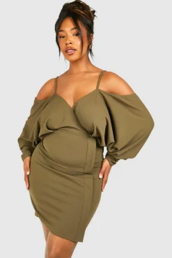 Wrap Dresses*boohoo Plus Cold Shoulder Wrap Dress khaki