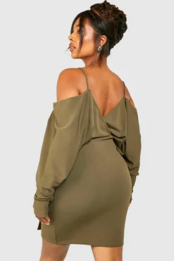 Wrap Dresses*boohoo Plus Cold Shoulder Wrap Dress khaki