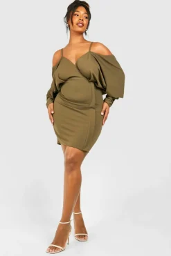 Wrap Dresses*boohoo Plus Cold Shoulder Wrap Dress khaki