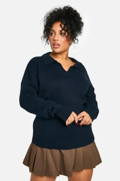 Jumpers*boohoo Plus Collared Knitted Jumper navy