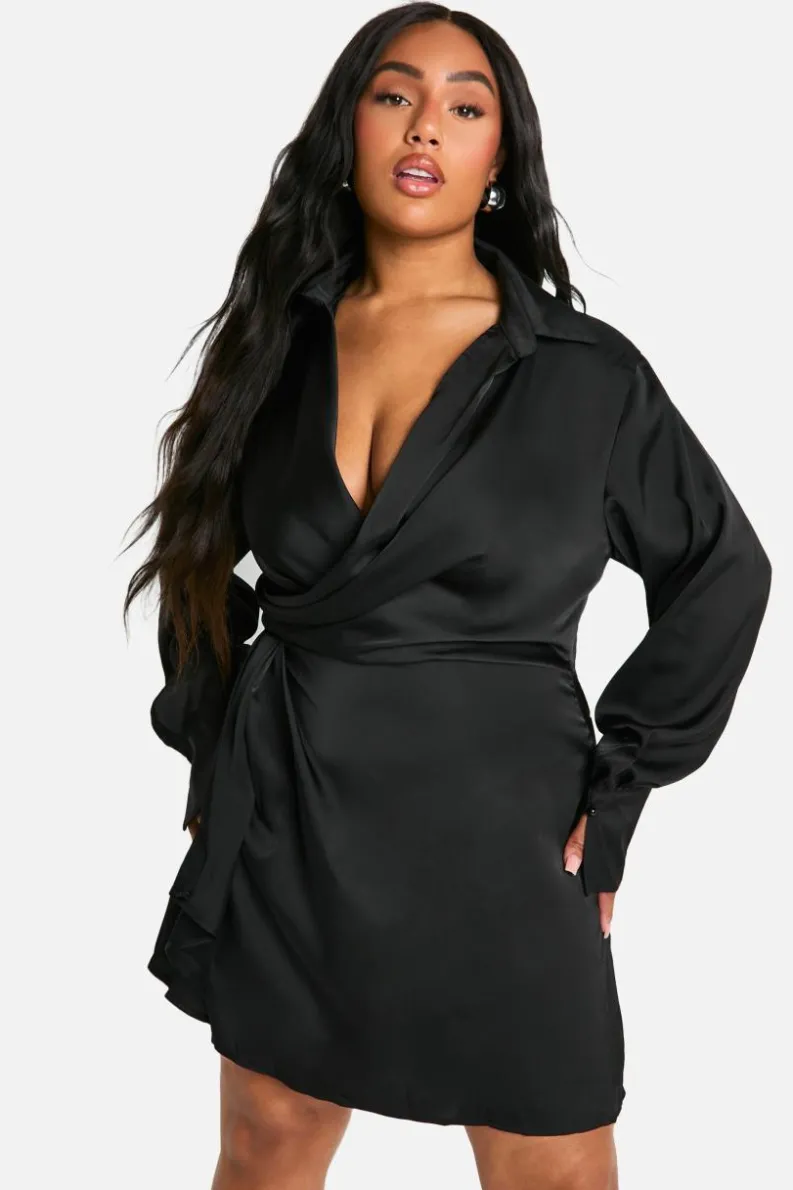 Shirt Dresses*boohoo Plus Collared Plunge Neck Mini Shirt Dress black
