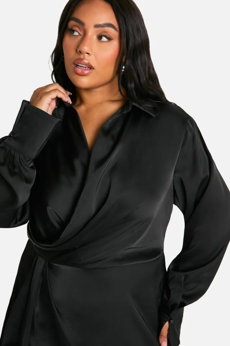 Shirt Dresses*boohoo Plus Collared Plunge Neck Mini Shirt Dress black