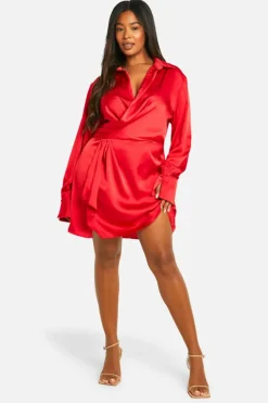Shirt Dresses|Mini Dresses*boohoo Plus Colla Plunge Neck Mini Shirt Dress red