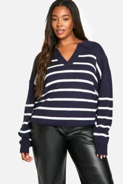 Jumpers|Up To 80% Off Winter Warmers*boohoo Plus Collared Stripe Jumper navy