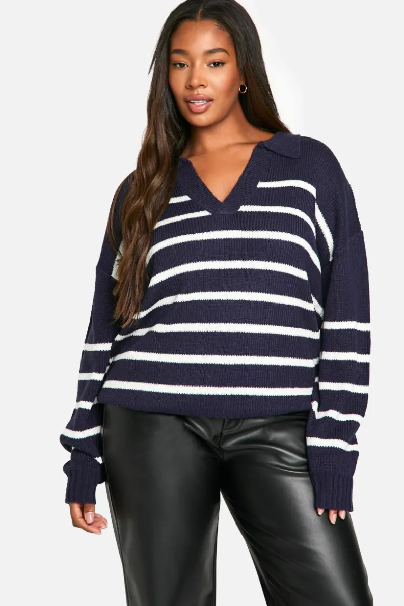 Jumpers|Up To 80% Off Winter Warmers*boohoo Plus Collared Stripe Jumper navy