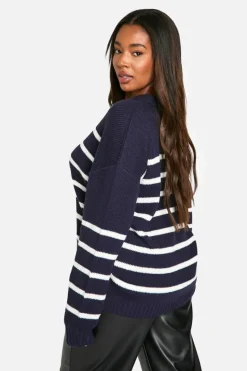 Jumpers|Up To 80% Off Winter Warmers*boohoo Plus Collared Stripe Jumper navy