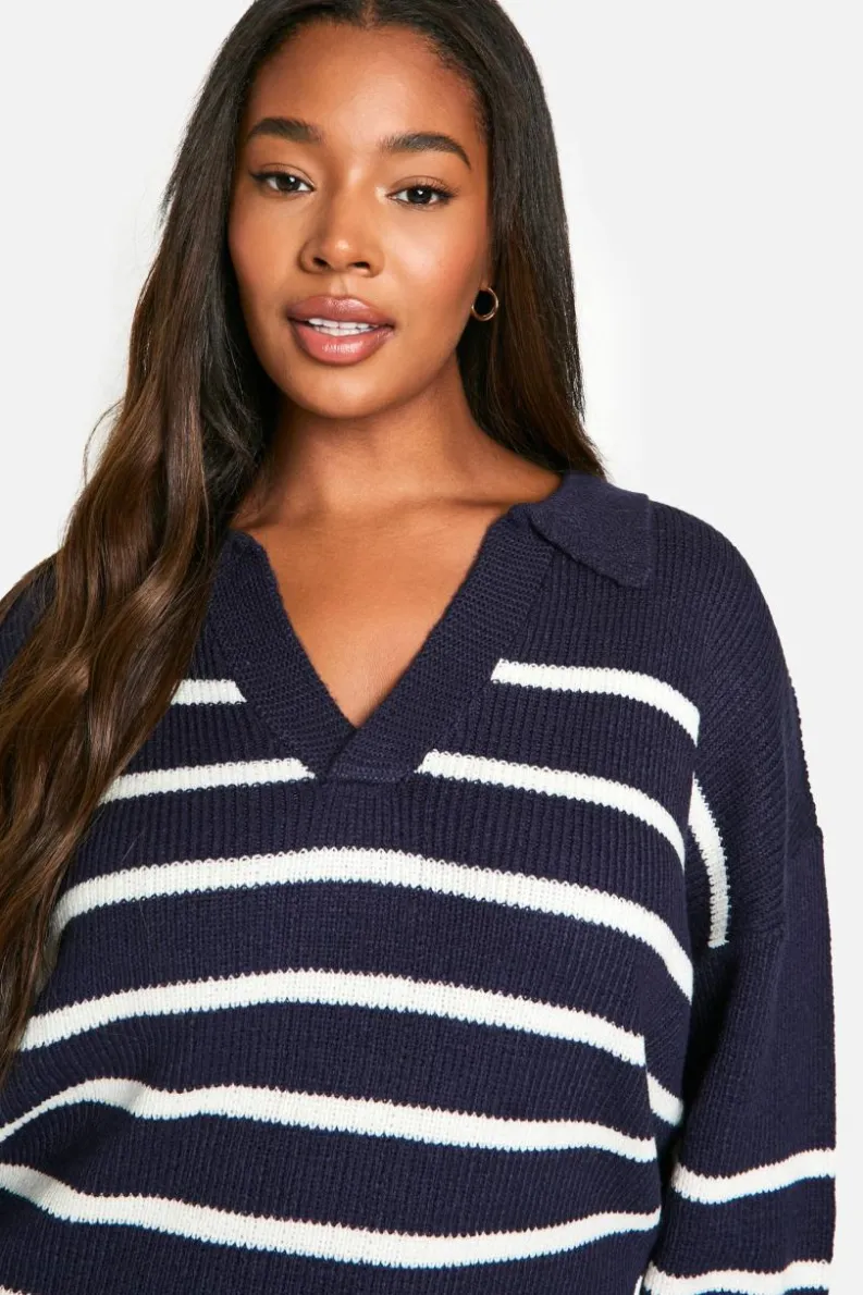 Jumpers|Up To 80% Off Winter Warmers*boohoo Plus Collared Stripe Jumper navy