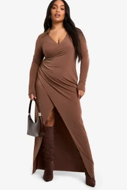Wrap Dresses*boohoo Plus Collared Wrap Ruched Waist Midaxi Dress mocha