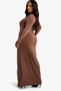 Wrap Dresses*boohoo Plus Collared Wrap Ruched Waist Midaxi Dress mocha