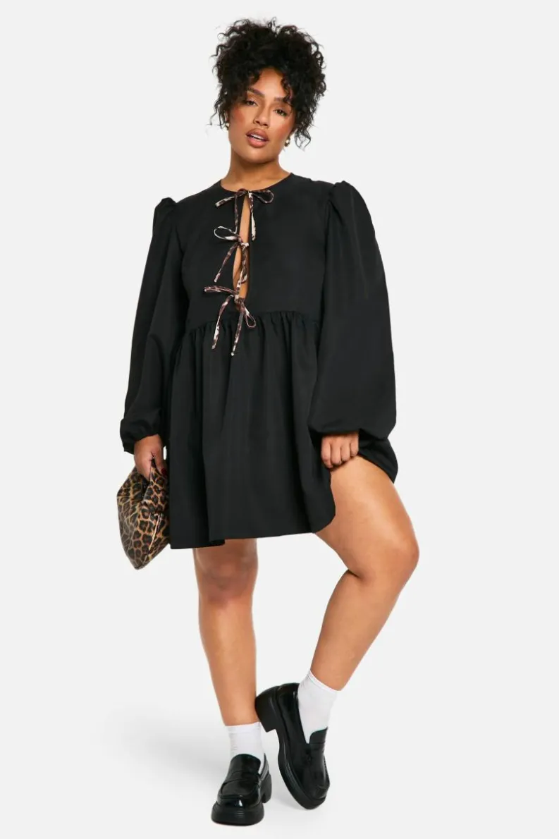 Smock Dresses*boohoo Plus Contrast Leopard Tie Front Long Sleeve Smock Dress black
