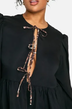 Smock Dresses*boohoo Plus Contrast Leopard Tie Front Long Sleeve Smock Dress black