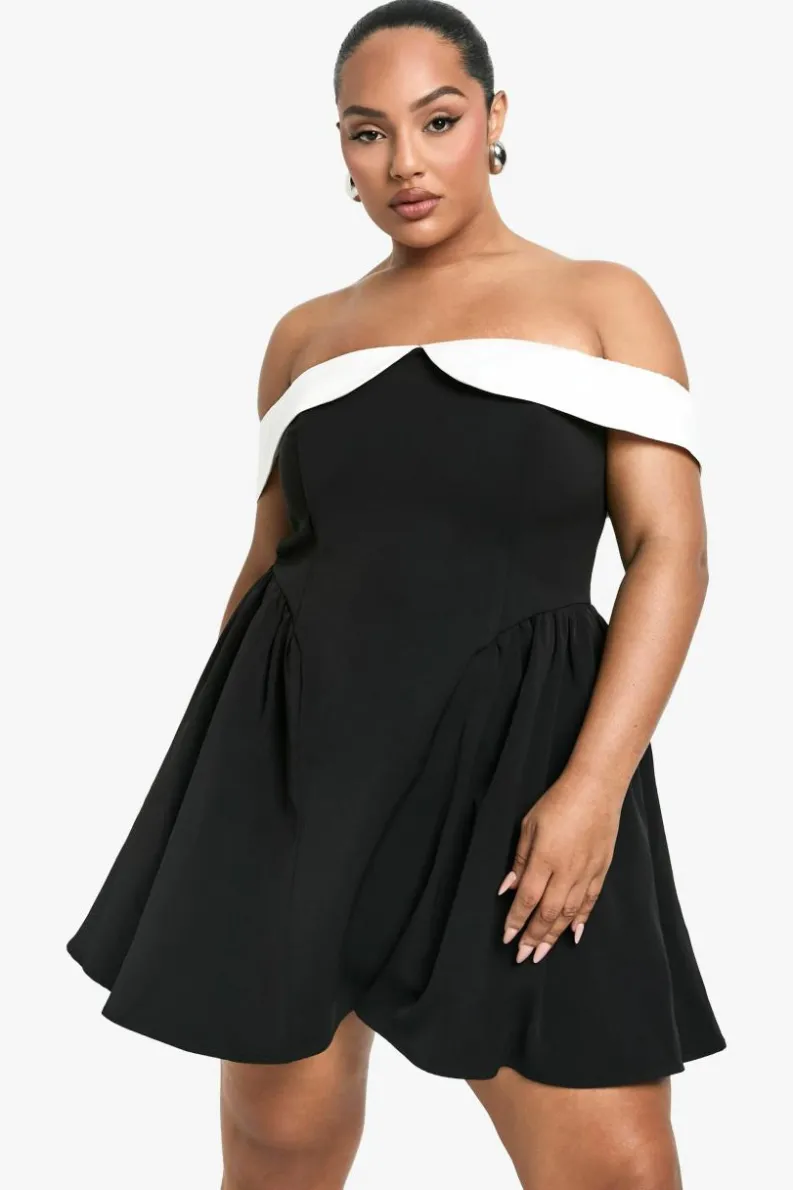 Skater Dresses*boohoo Plus Contrast Off The Shoulder Pleated Skater Dress black