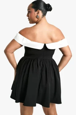 Skater Dresses*boohoo Plus Contrast Off The Shoulder Pleated Skater Dress black