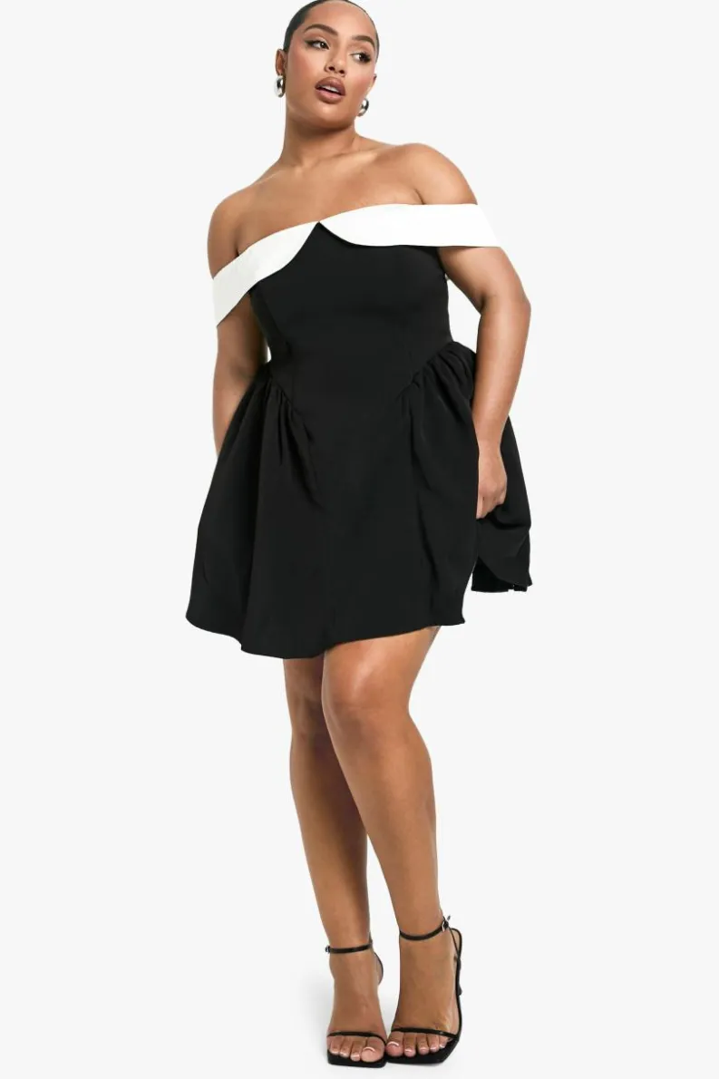 Skater Dresses*boohoo Plus Contrast Off The Shoulder Pleated Skater Dress black