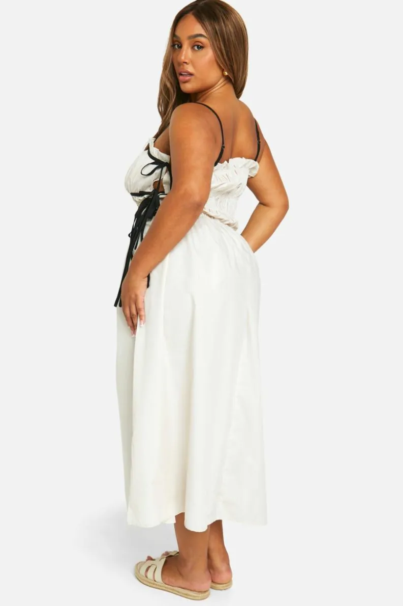 Smock Dresses*boohoo Plus Contrast Shirred Waist Midaxi Dress ecru