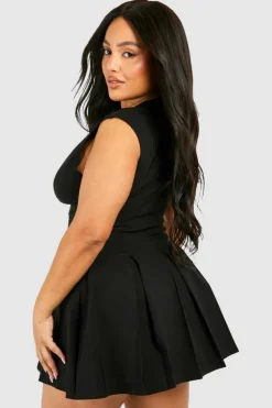Skater Dresses*boohoo Plus Corset Detail Plunge Pleated Hem Dress black