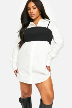 Shirt Dresses*boohoo Plus Corset Detail Shirt Dress white