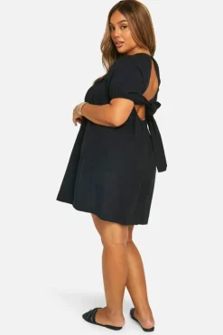 Smock Dresses*boohoo Plus Cotton Blend Puff Sleeve Smock Dress black