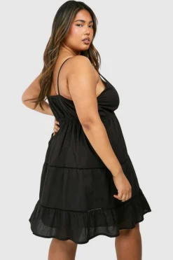 Smock Dresses*boohoo Plus Cotton Crochet Trim Mini Dress black