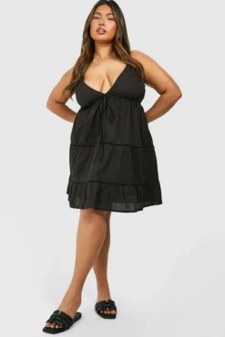 Smock Dresses*boohoo Plus Cotton Crochet Trim Mini Dress black