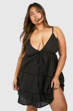 Smock Dresses*boohoo Plus Cotton Crochet Trim Mini Dress black