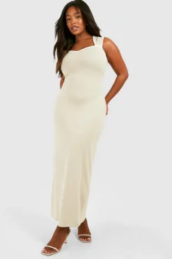 Bodycon Dresses*boohoo Plus Cotton Elastance Sweetheart Neckline Contrast Maxi Dress stone