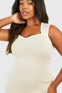 Bodycon Dresses*boohoo Plus Cotton Elastance Sweetheart Neckline Contrast Maxi Dress stone