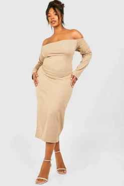 Midi Dresses*boohoo Plus Cotton Off Shoulder Midi Dress taupe