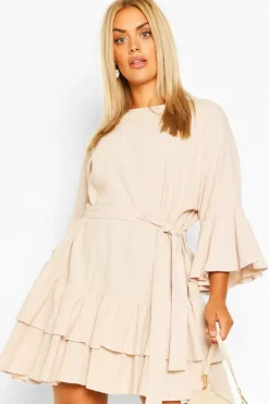 Smock Dresses*boohoo Plus Cotton Ruffle Tie Waist Smock Dress stone