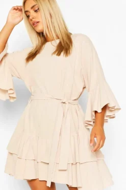 Smock Dresses*boohoo Plus Cotton Ruffle Tie Waist Smock Dress stone