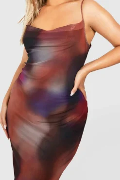 Midi Dresses*boohoo Plus Cowl Neck Abstract Mesh Midi Dress purple