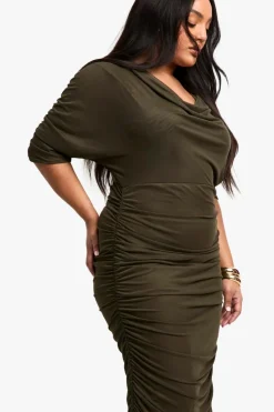 Bodycon Dresses*boohoo Plus Cowl Neck Ruched Midaxi Dress olive
