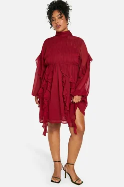 Skater Dresses*boohoo Plus Crinkle Chiffon Funnel Neck Ruffle Smock Dress burgundy