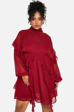 Skater Dresses*boohoo Plus Crinkle Chiffon Funnel Neck Ruffle Smock Dress burgundy