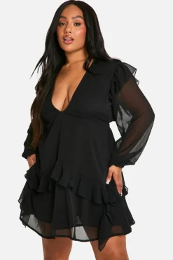 Skater Dresses*boohoo Plus Crinkle Chiffon Ruffle Smock Dress black