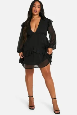 Skater Dresses*boohoo Plus Crinkle Chiffon Ruffle Smock Dress black