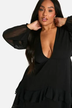 Skater Dresses*boohoo Plus Crinkle Chiffon Ruffle Smock Dress black