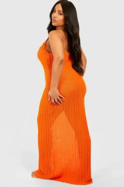 Jumper Dresses|Jumper Dresses*boohoo Plus Crochet Ladder Cowl Neck Knitted Maxi Dress orange