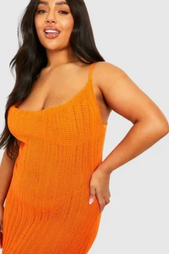 Jumper Dresses|Jumper Dresses*boohoo Plus Crochet Ladder Cowl Neck Knitted Maxi Dress orange