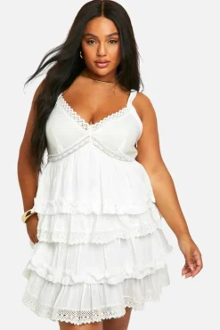 Smock Dresses*boohoo Plus Crochet Trim Tiered Smock Dress white
