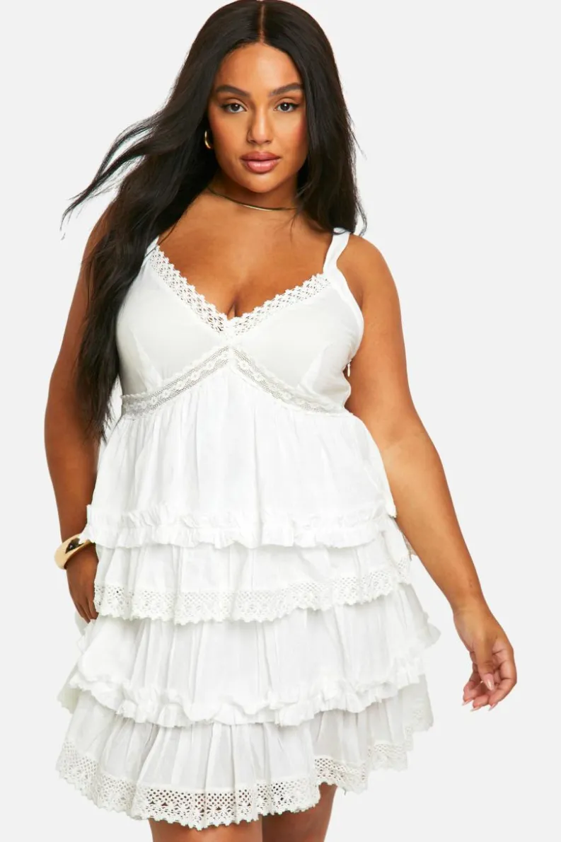 Smock Dresses*boohoo Plus Crochet Trim Tiered Smock Dress white