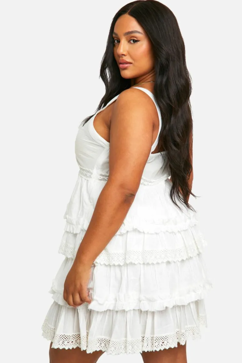 Smock Dresses*boohoo Plus Crochet Trim Tiered Smock Dress white